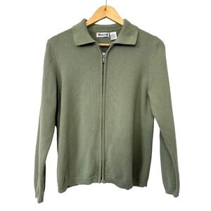 VTG Tian Collection Green Zip Cardigan M 100% Cotton 90s Minimalist Quiet Luxury